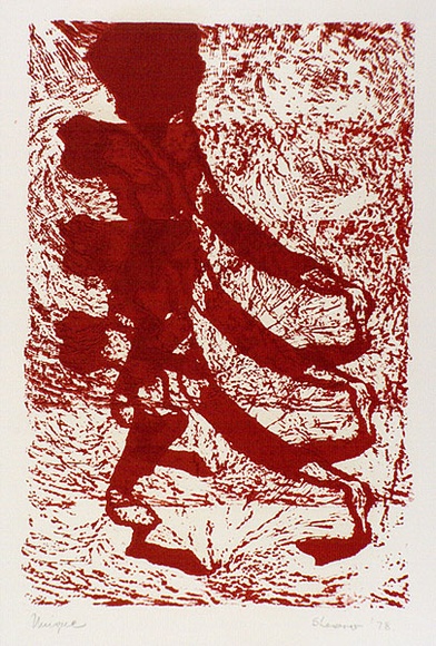 Artist: b'Shearer, Mitzi.' | Title: b'The giants are coming' | Date: 1978 | Technique: b'linocut, printed in red ink, from one block, used three times'