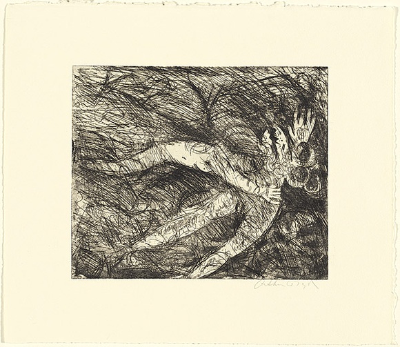 Artist: b'BOYD, Arthur' | Title: b'Nude with shark headed beast (Diana and Actaeon).' | Date: (1962-63) | Technique: b'etching and aquatint, printed in black ink, from one plate' | Copyright: b'Reproduced with permission of Bundanon Trust' Artist: b'BOYD, Arthur' | Title: b'Nude with shark headed beast (Diana and Actaeon).' | Date: (1962-63) | Technique: b'etching and aquatint, printed in black ink, from one plate' | Copyright: b'Reproduced with permission of Bundanon Trust'