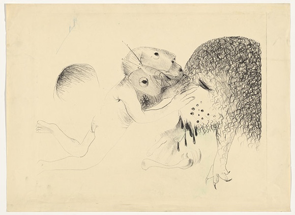 Artist: b'BOYD, Arthur' | Title: b'St Francis kissing the Wolf of Gubbio.' | Date: (1965) | Technique: b'lithograph, printed in black ink, from one plate' | Copyright: b'Reproduced with permission of Bundanon Trust' Artist: b'BOYD, Arthur' | Title: b'St Francis kissing the Wolf of Gubbio.' | Date: (1965) | Technique: b'lithograph, printed in black ink, from one plate' | Copyright: b'Reproduced with permission of Bundanon Trust'