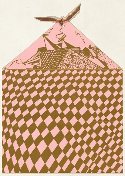 Artist: b'Kemp, Bronwyn.' | Title: b'Exhibition invitation: Bronwyn Kemp recent ceramics, The Jam Factory Gallery, Adelaide, 1982' | Date: 1981 | Technique: b'offset-lithograph, printed in colour and gold braid' Artist: b'Kemp, Bronwyn.' | Title: b'Exhibition invitation: Bronwyn Kemp recent ceramics, The Jam Factory Gallery, Adelaide, 1982' | Date: 1981 | Technique: b'offset-lithograph, printed in colour and gold braid'