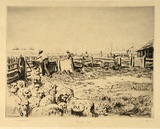 Artist: LINDSAY, Lionel | Title: The drafting gate, Bendemeer | Date: 1925 | Technique: drypoint, printed in black ink with plate-tone, from one plate | Copyright: Courtesy of the National Library of Australia
