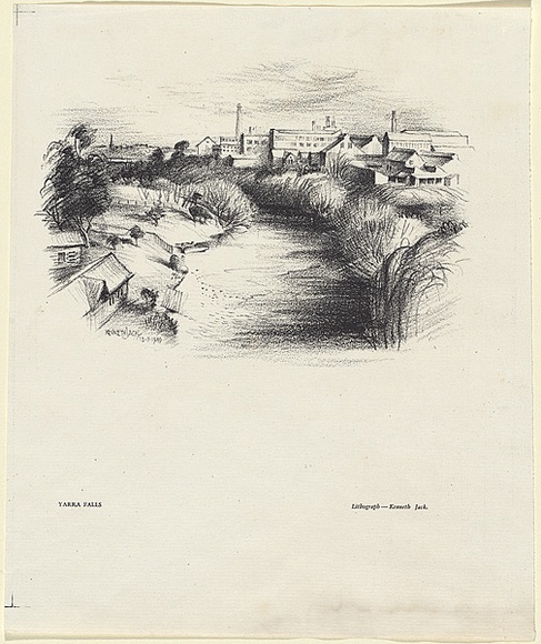 Artist: b'Jack, Kenneth.' | Title: b'The Yarra at Abbotsford' | Date: 1949 | Technique: b'lithograph, printed in black ink, from one zinc plate' | Copyright: b'\xc2\xa9 Kenneth Jack. Licensed by VISCOPY, Australia' Artist: b'Jack, Kenneth.' | Title: b'The Yarra at Abbotsford' | Date: 1949 | Technique: b'lithograph, printed in black ink, from one zinc plate' | Copyright: b'\xc2\xa9 Kenneth Jack. Licensed by VISCOPY, Australia'