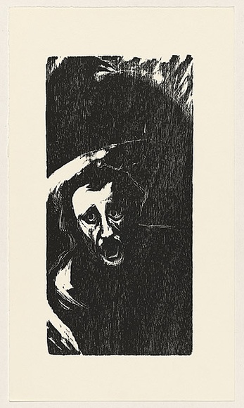 Artist: b'AMOR, Rick' | Title: b'not titled (screaming male face 3).' | Date: (1990) | Technique: b'woodcut, printed in black ink, from one block' Artist: b'AMOR, Rick' | Title: b'not titled (screaming male face 3).' | Date: (1990) | Technique: b'woodcut, printed in black ink, from one block'