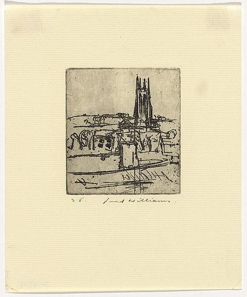 Artist: b'WILLIAMS, Fred' | Title: bSt. Luke's, Chelsea | Date: 1954-55 | Technique: b'etching, printed in black ink, from one copper plate' | Copyright: b'\xc2\xa9 Fred Williams Estate' Artist: b'WILLIAMS, Fred' | Title: bSt. Luke's, Chelsea | Date: 1954-55 | Technique: b'etching, printed in black ink, from one copper plate' | Copyright: b'\xc2\xa9 Fred Williams Estate'
