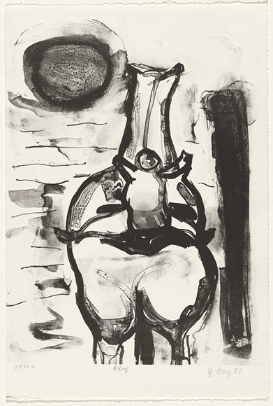 Artist: b'Boag, Yvonne.' | Title: b'Riding' | Date: 1987 | Technique: b'lithograph, printed in black ink, from one stone' | Copyright: b'\xc2\xa9 Yvonne Boag' Artist: b'Boag, Yvonne.' | Title: b'Riding' | Date: 1987 | Technique: b'lithograph, printed in black ink, from one stone' | Copyright: b'\xc2\xa9 Yvonne Boag'