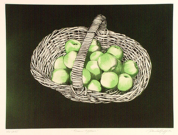Artist: b'GRIFFITH, Pamela' | Title: b'Green apples' | Date: 1982 | Technique: b'hard ground, aquatint, burnishing, photo-transfer from Kodalith on two zinc' | Copyright: b'\xc2\xa9 Pamela Griffith' Artist: b'GRIFFITH, Pamela' | Title: b'Green apples' | Date: 1982 | Technique: b'hard ground, aquatint, burnishing, photo-transfer from Kodalith on two zinc' | Copyright: b'\xc2\xa9 Pamela Griffith'