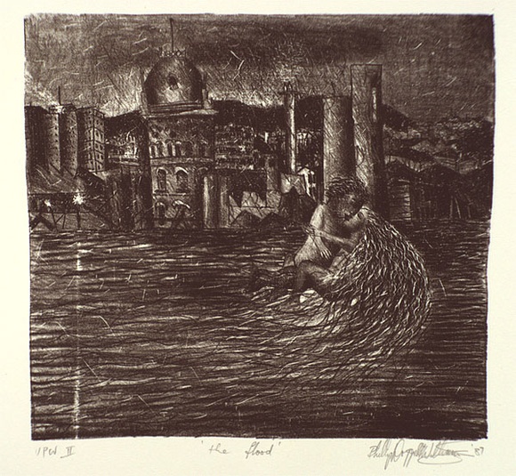 Artist: b'Doggett-Williams, Phillip.' | Title: b'The flood' | Date: 1987 | Technique: b'lithograph, printed in black ink, from one stone' Artist: b'Doggett-Williams, Phillip.' | Title: b'The flood' | Date: 1987 | Technique: b'lithograph, printed in black ink, from one stone'