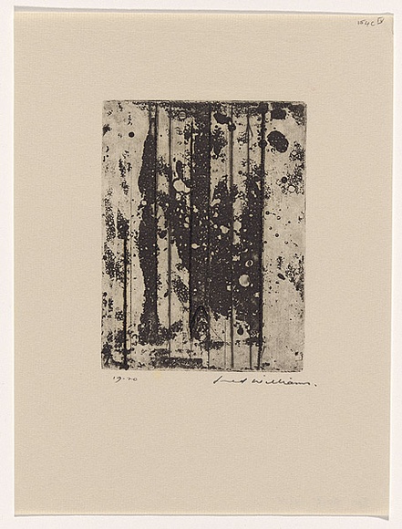 Artist: b'WILLIAMS, Fred' | Title: b'Landscape panel. Number 6' | Date: 1962 | Technique: b'aquatint, drypoint and engraving, printed in black ink, from one copper plate' | Copyright: b'\xc2\xa9 Fred Williams Estate' Artist: b'WILLIAMS, Fred' | Title: b'Landscape panel. Number 6' | Date: 1962 | Technique: b'aquatint, drypoint and engraving, printed in black ink, from one copper plate' | Copyright: b'\xc2\xa9 Fred Williams Estate'