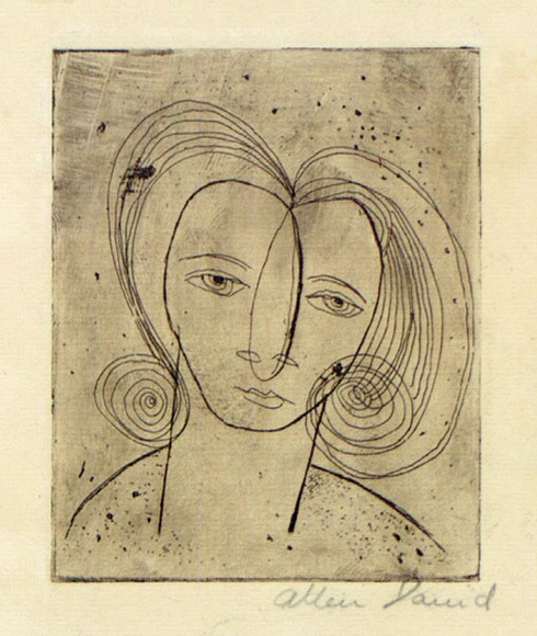 Artist: b'David, Allen.' | Title: b'(Head of woman).' | Date: (1953) | Technique: b'etching, printed in black ink with plate-tone, from one plate' Artist: b'David, Allen.' | Title: b'(Head of woman).' | Date: (1953) | Technique: b'etching, printed in black ink with plate-tone, from one plate'