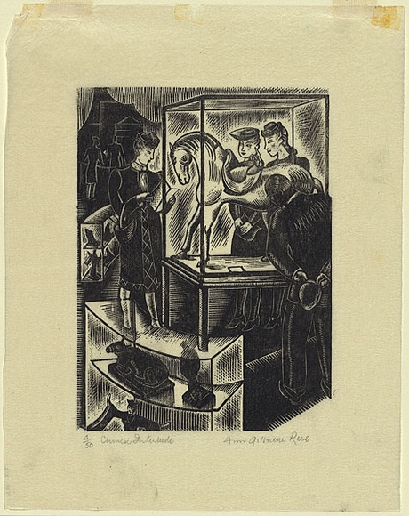 Artist: b'Rees, Ann Gillmore.' | Title: b'Chinese interlude' | Date: 1941 | Technique: b'wood-engraving, printed in black ink, from one block' Artist: b'Rees, Ann Gillmore.' | Title: b'Chinese interlude' | Date: 1941 | Technique: b'wood-engraving, printed in black ink, from one block'