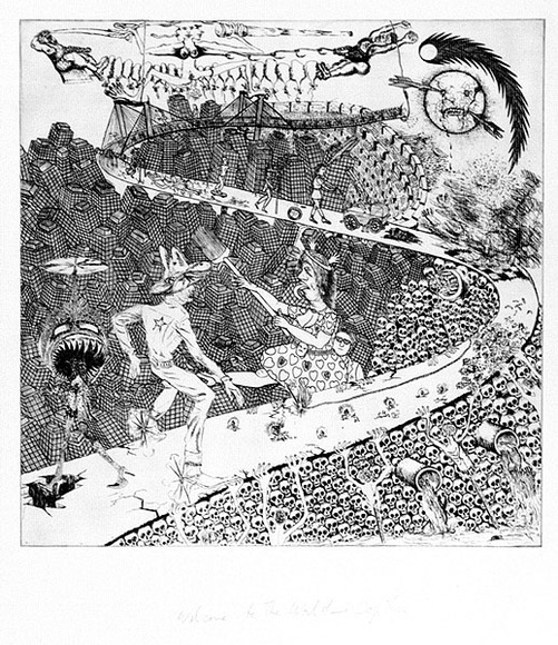 Artist: b'Nedelkopoulos, Nicholas.' | Title: b'Welcome to the world, - Cop this' | Date: 1986-88 | Technique: b'etching and drypoint, printed in black ink, from one plate' Artist: b'Nedelkopoulos, Nicholas.' | Title: b'Welcome to the world, - Cop this' | Date: 1986-88 | Technique: b'etching and drypoint, printed in black ink, from one plate'