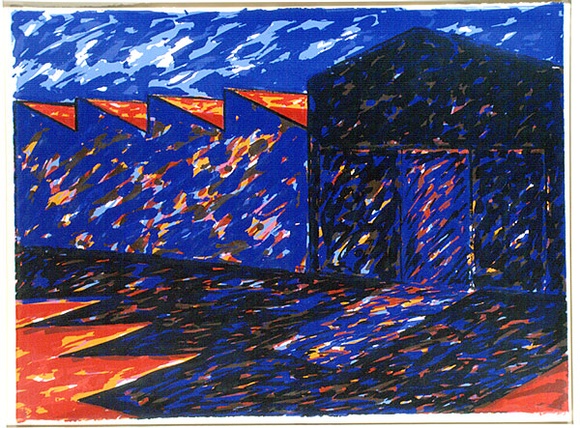 Artist: b'Martin, Mandy.' | Title: b'Factory III' | Date: 1982 | Technique: b'screenprint, printed in colour, from multiple stencils' | Copyright: b'\xc2\xa9 Mandy Martin. Licensed by VISCOPY, Australia' Artist: b'Martin, Mandy.' | Title: b'Factory III' | Date: 1982 | Technique: b'screenprint, printed in colour, from multiple stencils' | Copyright: b'\xc2\xa9 Mandy Martin. Licensed by VISCOPY, Australia'