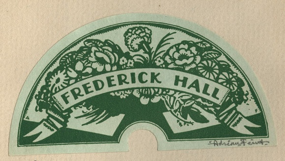 Artist: b'FEINT, Adrian' | Title: b'Bookplate: Frederick Hall.' | Date: 1932 | Technique: b'line-block, printed in green ink, from one process block' | Copyright: b'Courtesy the Estate of Adrian Feint' Artist: b'FEINT, Adrian' | Title: b'Bookplate: Frederick Hall.' | Date: 1932 | Technique: b'line-block, printed in green ink, from one process block' | Copyright: b'Courtesy the Estate of Adrian Feint'