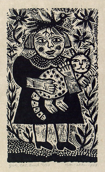 Artist: b'HANRAHAN, Barbara' | Title: b'Girl, cat, bird' | Date: 1989 | Technique: b'wood-engraving, printed in black ink, from one block' Artist: b'HANRAHAN, Barbara' | Title: b'Girl, cat, bird' | Date: 1989 | Technique: b'wood-engraving, printed in black ink, from one block'