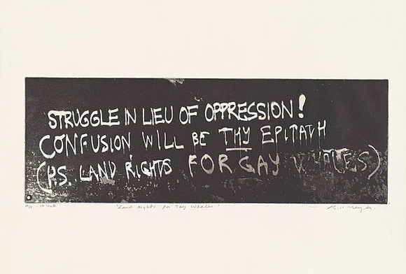 Artist: b'MEYER, Bill' | Title: b'Land rights for gay whales' | Date: 1983 | Technique: b'photo-etching and aquatint, printed in black ink, from one zinc plate' | Copyright: b'\xc2\xa9 Bill Meyer' Artist: b'MEYER, Bill' | Title: b'Land rights for gay whales' | Date: 1983 | Technique: b'photo-etching and aquatint, printed in black ink, from one zinc plate' | Copyright: b'\xc2\xa9 Bill Meyer'