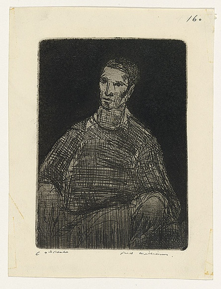 Artist: b'WILLIAMS, Fred' | Title: b'Artist' | Date: 1955-56 | Technique: b'etching, aquatint, drypoint and flat biting, printed in black ink, from one zinc plate' | Copyright: b'\xc2\xa9 Fred Williams Estate' Artist: b'WILLIAMS, Fred' | Title: b'Artist' | Date: 1955-56 | Technique: b'etching, aquatint, drypoint and flat biting, printed in black ink, from one zinc plate' | Copyright: b'\xc2\xa9 Fred Williams Estate'