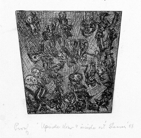 Artist: b'Shearer, Mitzi.' | Title: b'Upside down and inside out.' | Date: 1988 | Technique: b'etching, printed in black, with plate-tone, from one plate'