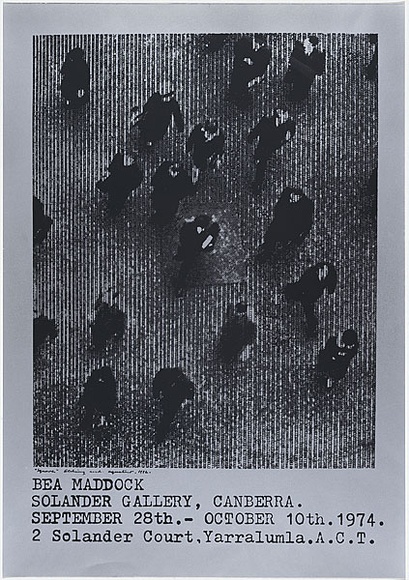 Artist: b'MADDOCK, Bea' | Title: b'Exhibition poster: Bea Maddock, Solander Gallery, Canberra, September 28th - October 10th' | Date: 1974 | Technique: b'screenprint' Artist: b'MADDOCK, Bea' | Title: b'Exhibition poster: Bea Maddock, Solander Gallery, Canberra, September 28th - October 10th' | Date: 1974 | Technique: b'screenprint'