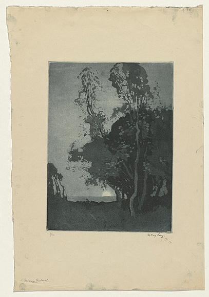 Artist: LONG, Sydney | Title: Moonrise pastoral | Date: 1918 | Technique: aquatint, printed in blue ink with plate-tone, from one copper plate | Copyright: Reproduced with the kind permission of the Ophthalmic Research Institute of Australia