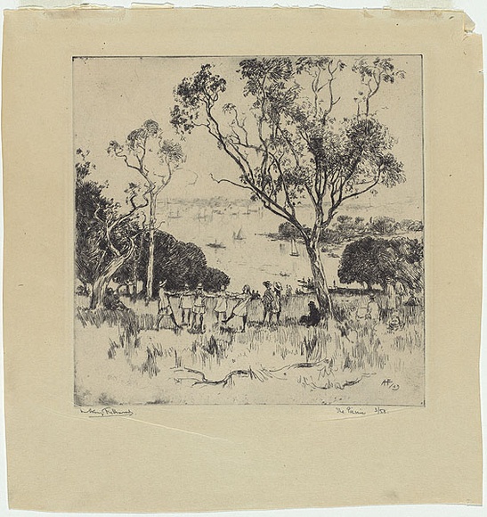 Artist: b'FULLWOOD, A.H.' | Title: b'The picnic.' | Date: 1923 | Technique: b'etching, printed in black ink, from one plate' Artist: b'FULLWOOD, A.H.' | Title: b'The picnic.' | Date: 1923 | Technique: b'etching, printed in black ink, from one plate'