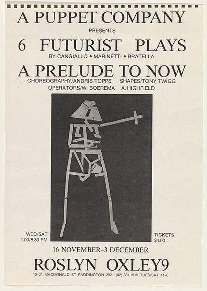 Artist: b'Twigg, Tony.' | Title: b'A prelude to now. Roslyn Oxley 9, Sydney' | Date: 1980's | Technique: b'offset-lithograph' | Copyright: b'\xc2\xa9 Tony Twigg. Licensed by VISCOPY, Australia' Artist: b'Twigg, Tony.' | Title: b'A prelude to now. Roslyn Oxley 9, Sydney' | Date: 1980's | Technique: b'offset-lithograph' | Copyright: b'\xc2\xa9 Tony Twigg. Licensed by VISCOPY, Australia'