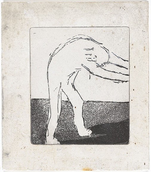 Artist: b'MADDOCK, Bea' | Title: b'Figure and shadow II.' | Date: May 1965 | Technique: b'etching and aquatint, printed in black ink, from one copper plate; additional bush and black ink wash' Artist: b'MADDOCK, Bea' | Title: b'Figure and shadow II.' | Date: May 1965 | Technique: b'etching and aquatint, printed in black ink, from one copper plate; additional bush and black ink wash'