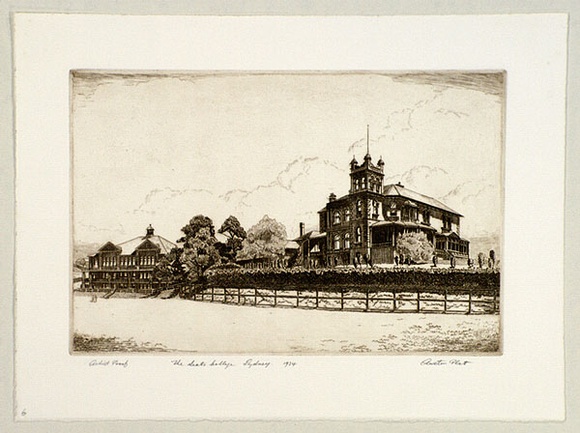 Artist: b'PLATT, Austin' | Title: b'The Scots College, Sydney' | Date: 1934 | Technique: b'etching, printed in black ink, from one plate' Artist: b'PLATT, Austin' | Title: b'The Scots College, Sydney' | Date: 1934 | Technique: b'etching, printed in black ink, from one plate'