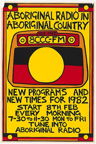 Title: b'Aboriginal radio in Aboriginal country' | Date: 1982 | Technique: b'screenprint, printed in colour, from four stencils' Title: b'Aboriginal radio in Aboriginal country' | Date: 1982 | Technique: b'screenprint, printed in colour, from four stencils'