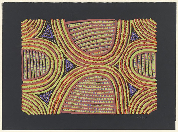 Artist: b'Bird Petyarre, Ada.' | Title: b'Green Awely' | Date: 1998, 22 April | Technique: b'screenprint, printed in colour, from multiple stencils' | Copyright: b'\xc2\xa9 Ada Bird Petyarr. Licensed by VISCOPY, Australia' Artist: b'Bird Petyarre, Ada.' | Title: b'Green Awely' | Date: 1998, 22 April | Technique: b'screenprint, printed in colour, from multiple stencils' | Copyright: b'\xc2\xa9 Ada Bird Petyarr. Licensed by VISCOPY, Australia'