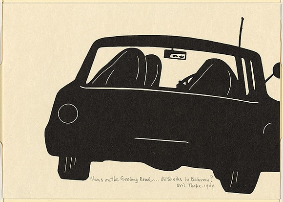 Artist: b'Thake, Eric.' | Title: b'Greeting card: Christmas (Nuns on the Geelong Road ... Oil Sheiks to Bahrein?)' | Date: 1969 | Technique: b'linocut, printed in black ink, from one block' Artist: b'Thake, Eric.' | Title: b'Greeting card: Christmas (Nuns on the Geelong Road ... Oil Sheiks to Bahrein?)' | Date: 1969 | Technique: b'linocut, printed in black ink, from one block'