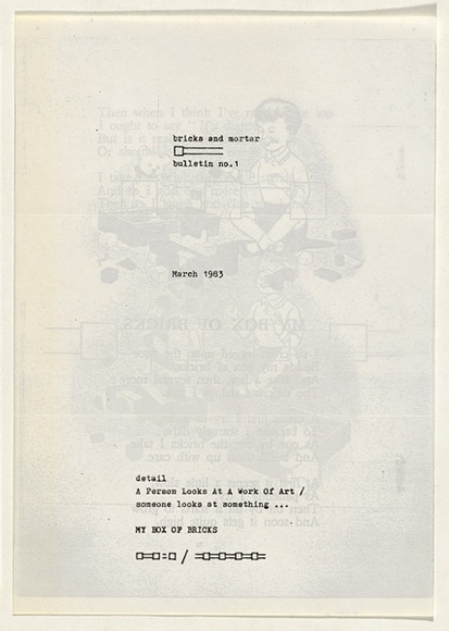 Artist: b'TYNDALL, Peter' | Title: b'Bricks and mortar. Bulletin No.1 March 1983' | Date: 1983 | Technique: b'photocopy' Artist: b'TYNDALL, Peter' | Title: b'Bricks and mortar. Bulletin No.1 March 1983' | Date: 1983 | Technique: b'photocopy'