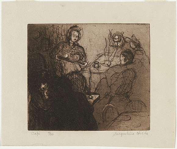 Artist: b'Hick, Jacqueline.' | Title: b'Cafe' | Date: (1942) | Technique: b'etching and aquatint, printed in brown ink with plate-tone, from one plate' Artist: b'Hick, Jacqueline.' | Title: b'Cafe' | Date: (1942) | Technique: b'etching and aquatint, printed in brown ink with plate-tone, from one plate'
