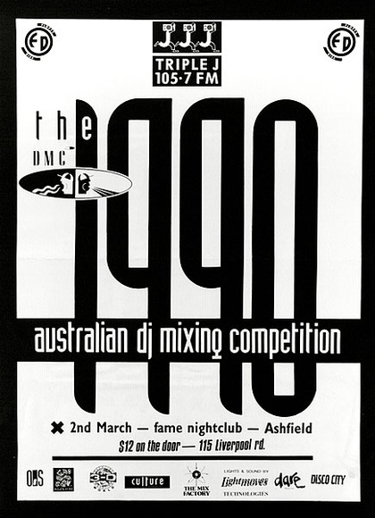 Artist: b'McDonald, Linsay.' | Title: b'The DMC Australian dj mixing competition' | Date: 1990 | Technique: b'screenprint, printed in black ink, from one stencil' Artist: b'McDonald, Linsay.' | Title: b'The DMC Australian dj mixing competition' | Date: 1990 | Technique: b'screenprint, printed in black ink, from one stencil'
