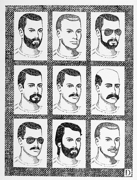 Artist: b'McDiarmid, David.' | Title: b'Trade Enquiries (Nine male head studies)' | Date: (1979) | Technique: b'offset-lithograph, printed in black ink' Artist: b'McDiarmid, David.' | Title: b'Trade Enquiries (Nine male head studies)' | Date: (1979) | Technique: b'offset-lithograph, printed in black ink'