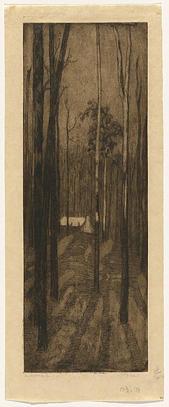 Artist: b'Traill, Jessie.' | Title: bThe woodcutters' home | Date: c.1911 | Technique: b'etching, drypoint and foul biting, printed in warm black ink with plate-tone and wiped highlights, from one plate' Artist: b'Traill, Jessie.' | Title: bThe woodcutters' home | Date: c.1911 | Technique: b'etching, drypoint and foul biting, printed in warm black ink with plate-tone and wiped highlights, from one plate'