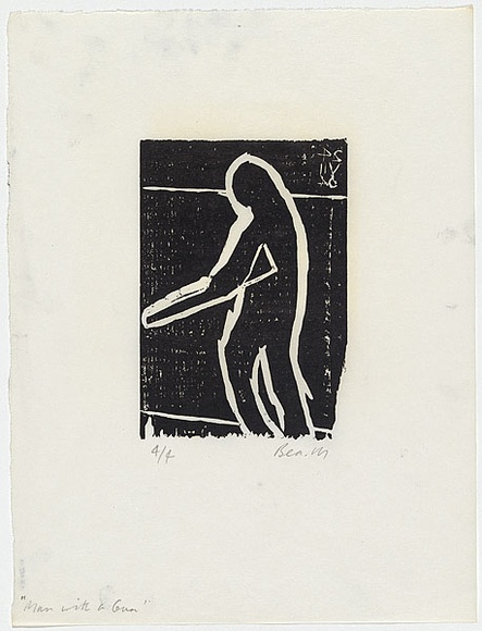 Artist: b'MADDOCK, Bea' | Title: b'Man with a gun' | Date: 24 July 1964 | Technique: b'woodcut, printed in black ink by hand-burnishing, from one pine block' Artist: b'MADDOCK, Bea' | Title: b'Man with a gun' | Date: 24 July 1964 | Technique: b'woodcut, printed in black ink by hand-burnishing, from one pine block'