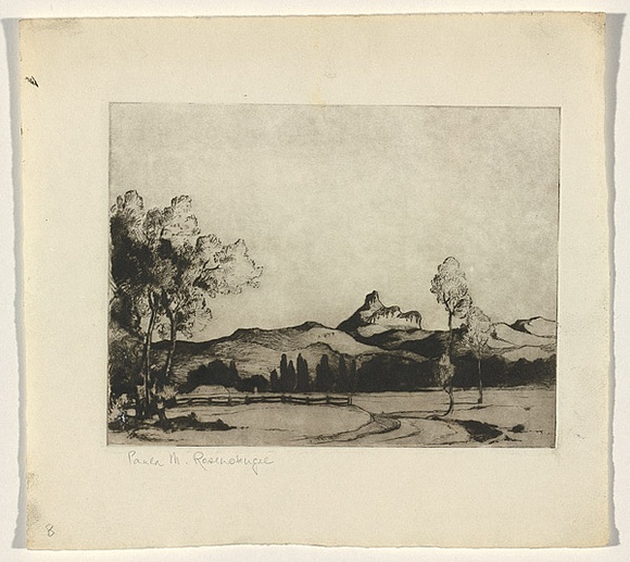 Artist: b'Rosenstengel, Paula.' | Title: b'Mt Warning, Tweed Valley NSW' | Date: c.1935 | Technique: b'drypoint, printed in greenish black ink, from one plate' Artist: b'Rosenstengel, Paula.' | Title: b'Mt Warning, Tweed Valley NSW' | Date: c.1935 | Technique: b'drypoint, printed in greenish black ink, from one plate'