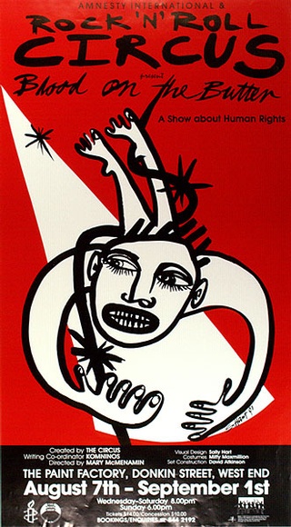 Artist: b'ACCESS 7' | Title: b'Blood on the Butter' | Date: 1991, July | Technique: b'screenprint, printed in black and red ink, from two stencils'