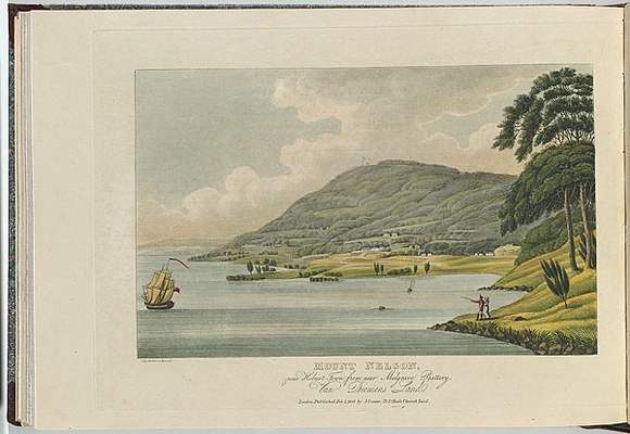 Artist: b'Lycett, Joseph.' | Title: bMount Nelson, near Hobart Town from near Mulgrave battery, Van Diemen's Land. | Date: 1824 | Technique: b'etching and aquatint, printed in black ink, from one copper plate; hand-coloured'
