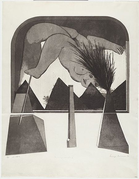 Artist: b'BALDESSIN, George' | Title: b'Personage and window II.' | Date: 1972 | Technique: b'etching and aquatint, printed in black ink, from four shaped plates.' Artist: b'BALDESSIN, George' | Title: b'Personage and window II.' | Date: 1972 | Technique: b'etching and aquatint, printed in black ink, from four shaped plates.'