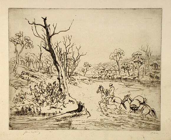 Artist: b'LINDSAY, Lionel' | Title: b'Fording the Snowy' | Date: 1940s | Technique: b'etching, printed in black ink with plate, from one plate' | Copyright: b'Courtesy of the National Library of Australia' Artist: b'LINDSAY, Lionel' | Title: b'Fording the Snowy' | Date: 1940s | Technique: b'etching, printed in black ink with plate, from one plate' | Copyright: b'Courtesy of the National Library of Australia'
