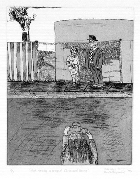 Artist: b'Nedelkopoulos, Nicholas.' | Title: b'Nick taking a snap of Chris and Donna' | Date: 1975 | Technique: b'etching, printed in black ink, from one plate' Artist: b'Nedelkopoulos, Nicholas.' | Title: b'Nick taking a snap of Chris and Donna' | Date: 1975 | Technique: b'etching, printed in black ink, from one plate'