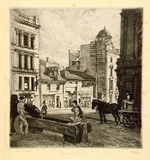 Artist: LINDSAY, Lionel | Title: Last of old Hunter Street, Sydney | Date: 1916 | Technique: etching, printed in black ink with plate-tone, from one plate | Copyright: Courtesy of the National Library of Australia