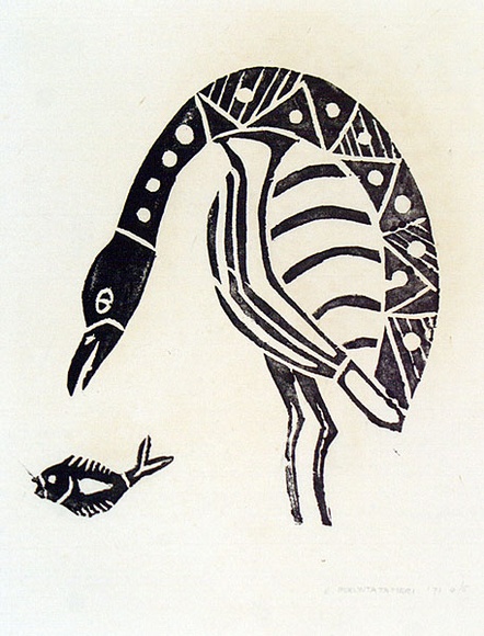 Artist: b'Puruntatameri, Patrick.' | Title: b'Bird and fish' | Date: 1971 | Technique: b'woodcut, printed in black ink, from one block' Artist: b'Puruntatameri, Patrick.' | Title: b'Bird and fish' | Date: 1971 | Technique: b'woodcut, printed in black ink, from one block'