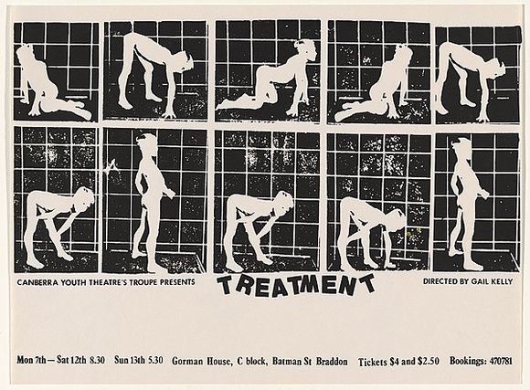 Artist: b'Church, Julia.' | Title: bCanberra Youth Theatre's Troupe presents Treatment. Directed by Gail Kelly. | Date: 1980 | Technique: b'screenprint, printed in colour, from multiple stencils' Artist: b'Church, Julia.' | Title: bCanberra Youth Theatre's Troupe presents Treatment. Directed by Gail Kelly. | Date: 1980 | Technique: b'screenprint, printed in colour, from multiple stencils'