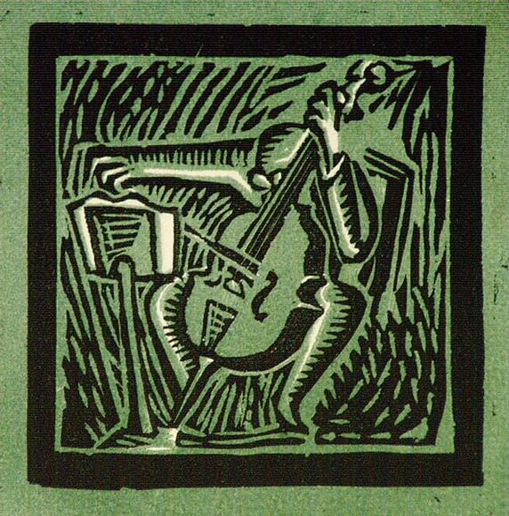 Artist: b'Barwell, Geoff.' | Title: b'(The bass player).' | Date: (1955) | Technique: b'linocut, printed in colour, from two blocks' Artist: b'Barwell, Geoff.' | Title: b'(The bass player).' | Date: (1955) | Technique: b'linocut, printed in colour, from two blocks'