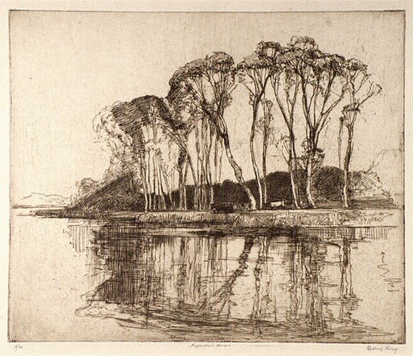 Artist: b'Long, Sydney.' | Title: b'Reflections, Avoca' | Date: (1928) | Technique: b'line-etching, printed in brown ink with plate-tone, from one copper plate' | Copyright: b'Reproduced with the kind permission of the Ophthalmic Research Institute of Australia'