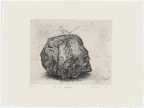 Artist: b'Cooper, Simon.' | Title: b'Still life - (package)' | Date: 1993 | Technique: b'etching, printed in black ink, from one plate' Artist: b'Cooper, Simon.' | Title: b'Still life - (package)' | Date: 1993 | Technique: b'etching, printed in black ink, from one plate'