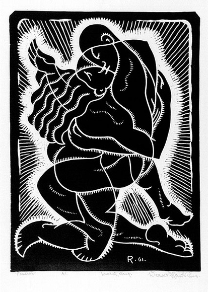 Artist: b'Hawkins, Weaver.' | Title: b'Passion' | Date: 1961 | Technique: b'linocut, printed in black ink, from one block' | Copyright: b'The Estate of H.F Weaver Hawkins' Artist: b'Hawkins, Weaver.' | Title: b'Passion' | Date: 1961 | Technique: b'linocut, printed in black ink, from one block' | Copyright: b'The Estate of H.F Weaver Hawkins'