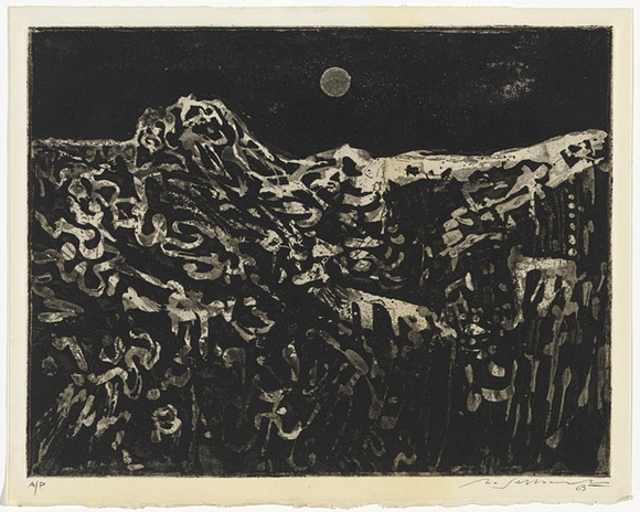 Artist: b'SELLBACH, Udo' | Title: b'(Landscape with moon)' | Date: 1963 | Technique: b'etching, aquatint, deep etch printed in black ink, from one plate with plate-tone' Artist: b'SELLBACH, Udo' | Title: b'(Landscape with moon)' | Date: 1963 | Technique: b'etching, aquatint, deep etch printed in black ink, from one plate with plate-tone'